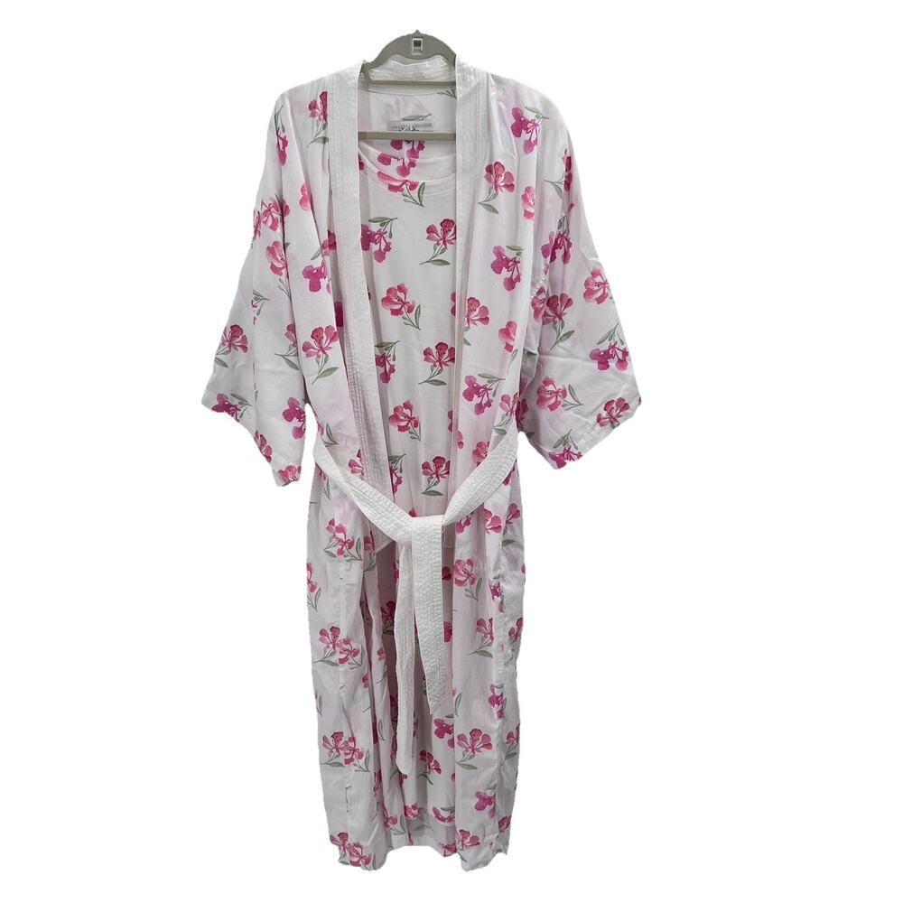 Vintage CRABTREE & EVELYN Long Nightgown Kimono Robe White Pink Floral Medium - Picture 2 of 9